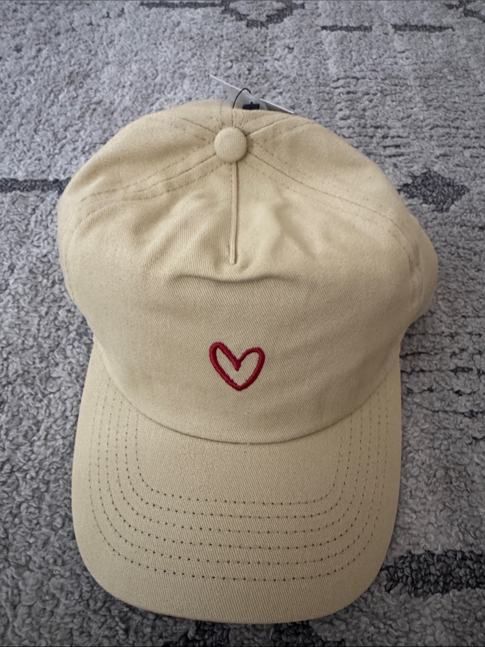 Beige Cotton Baseball Cap with Red Heart Embroidery
